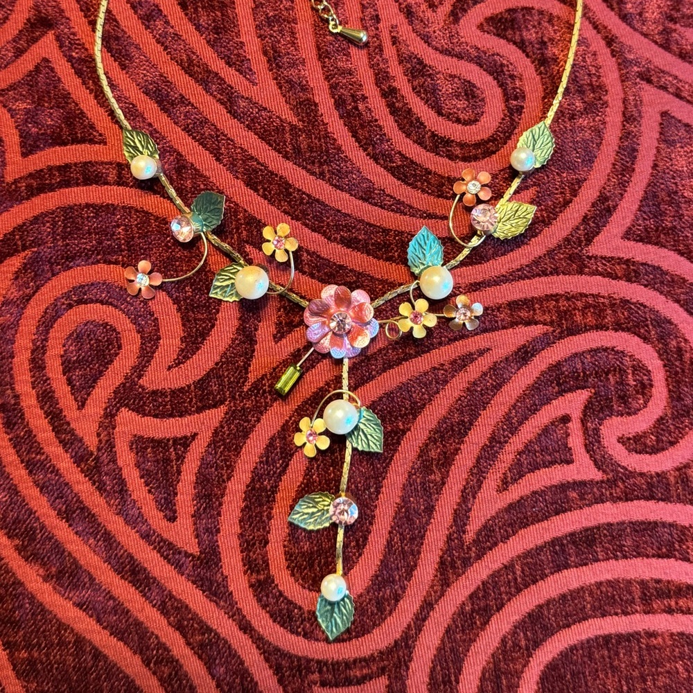 Floral Gold, Pink and Green Necklace